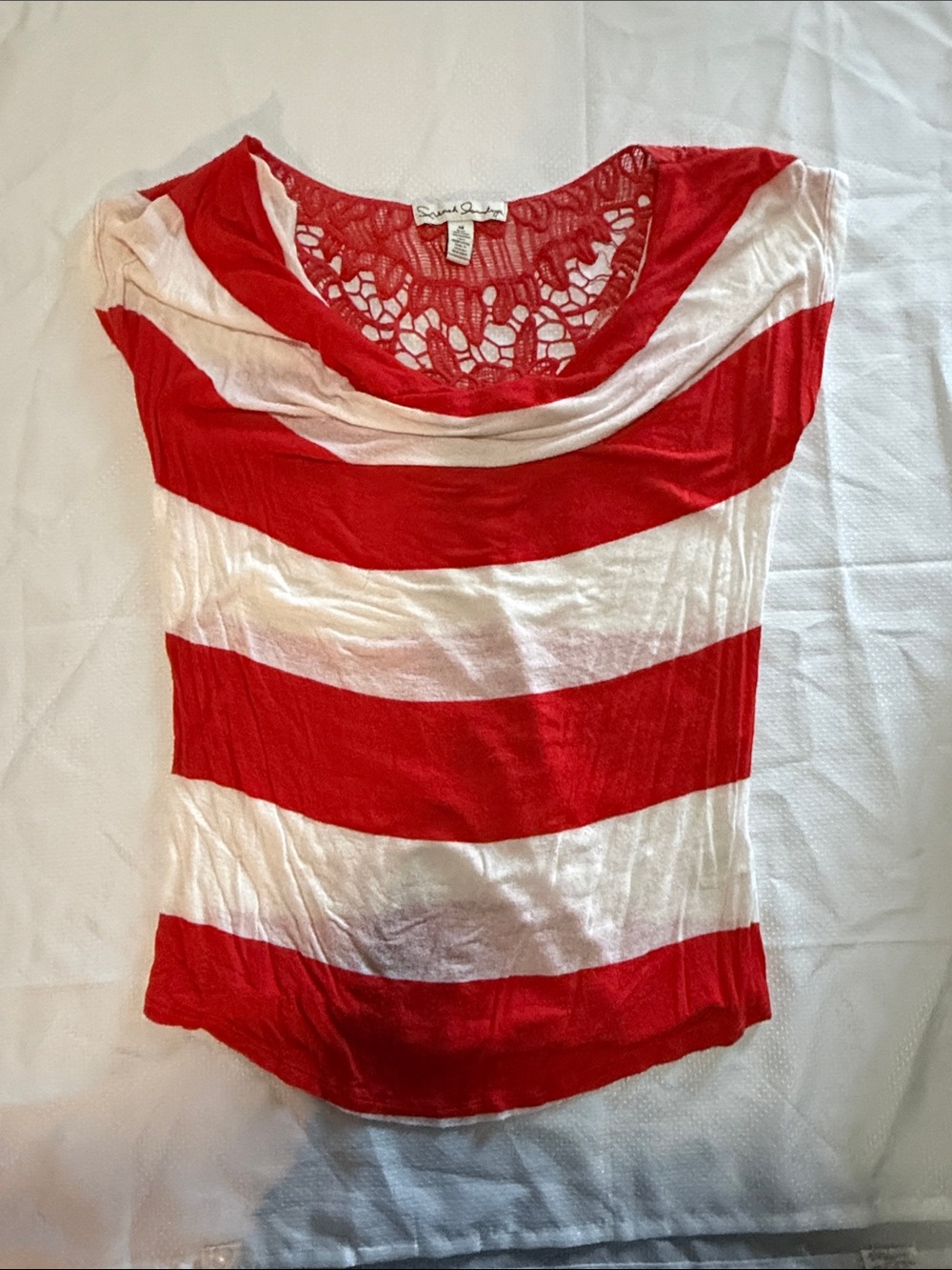 Y2K Orange/Red & White Striped Women's Top with Crochet Back